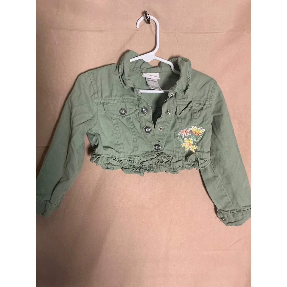 Little Lass Cropped Jacket Girls 4T Green Excellent Floral Ruffle Snap Bolero